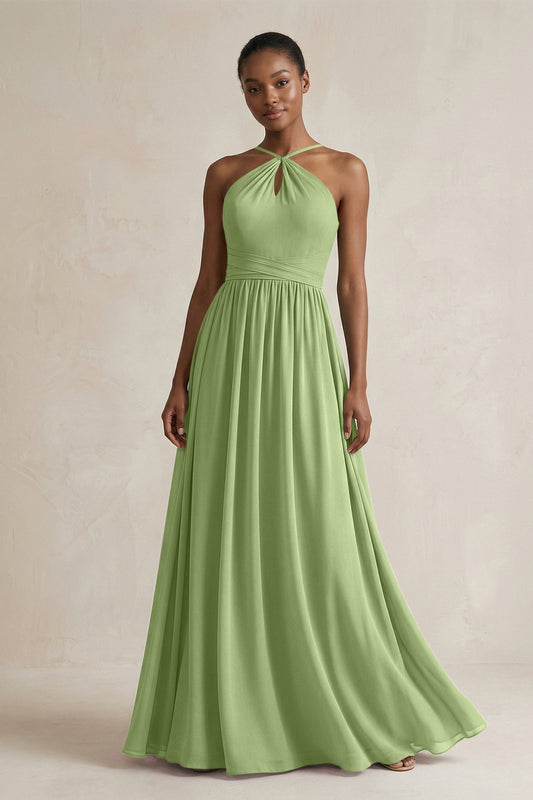 A-Line Halter Chiffon Ruched Bridesmaid Dress in Matcha