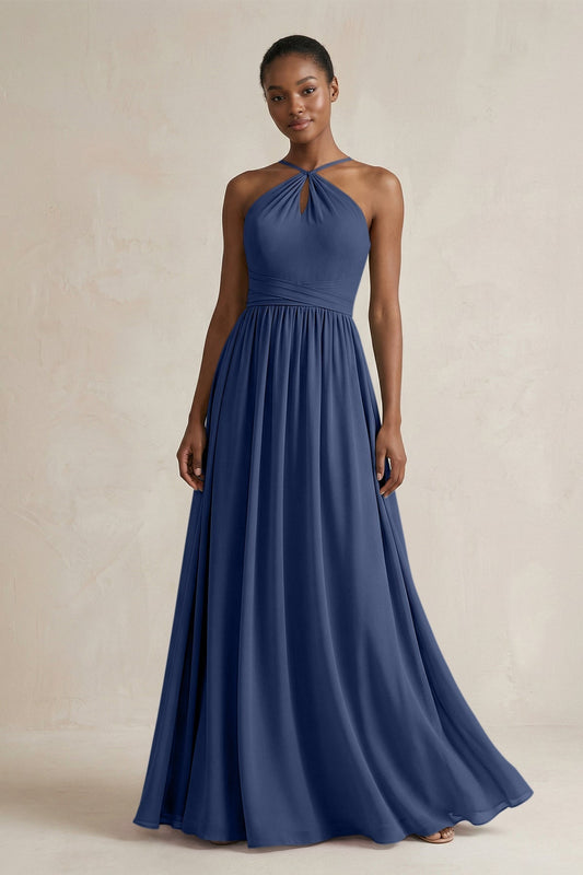 A-Line Halter Chiffon Ruched Bridesmaid Dress in Navy