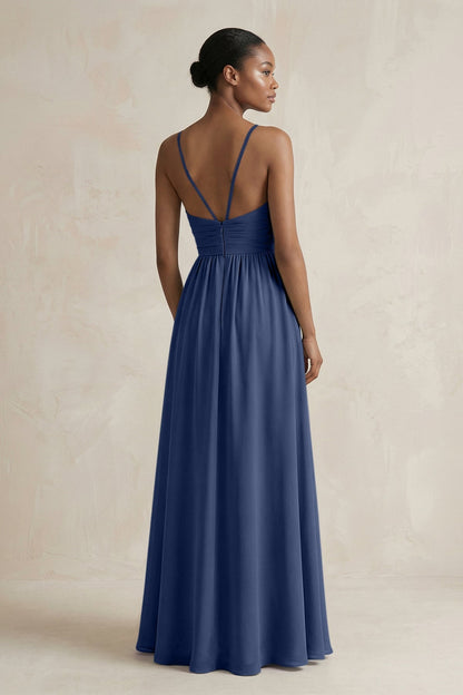 A-Line Halter Chiffon Ruched Bridesmaid Dress in Navy