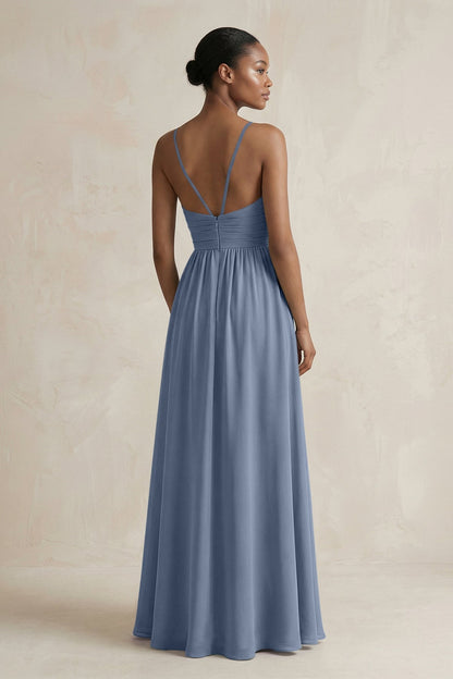 A-Line Halter Chiffon Ruched Bridesmaid Dress in Neptune