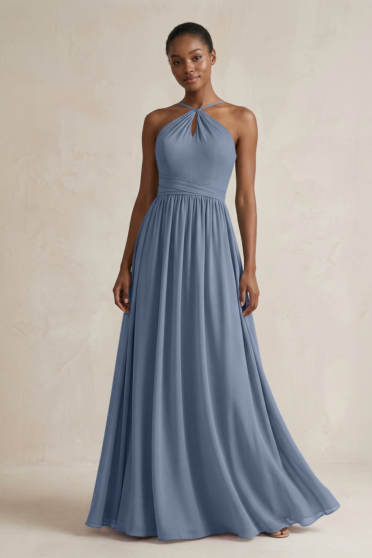 A-Line Halter Chiffon Ruched Bridesmaid Dress in Neptune