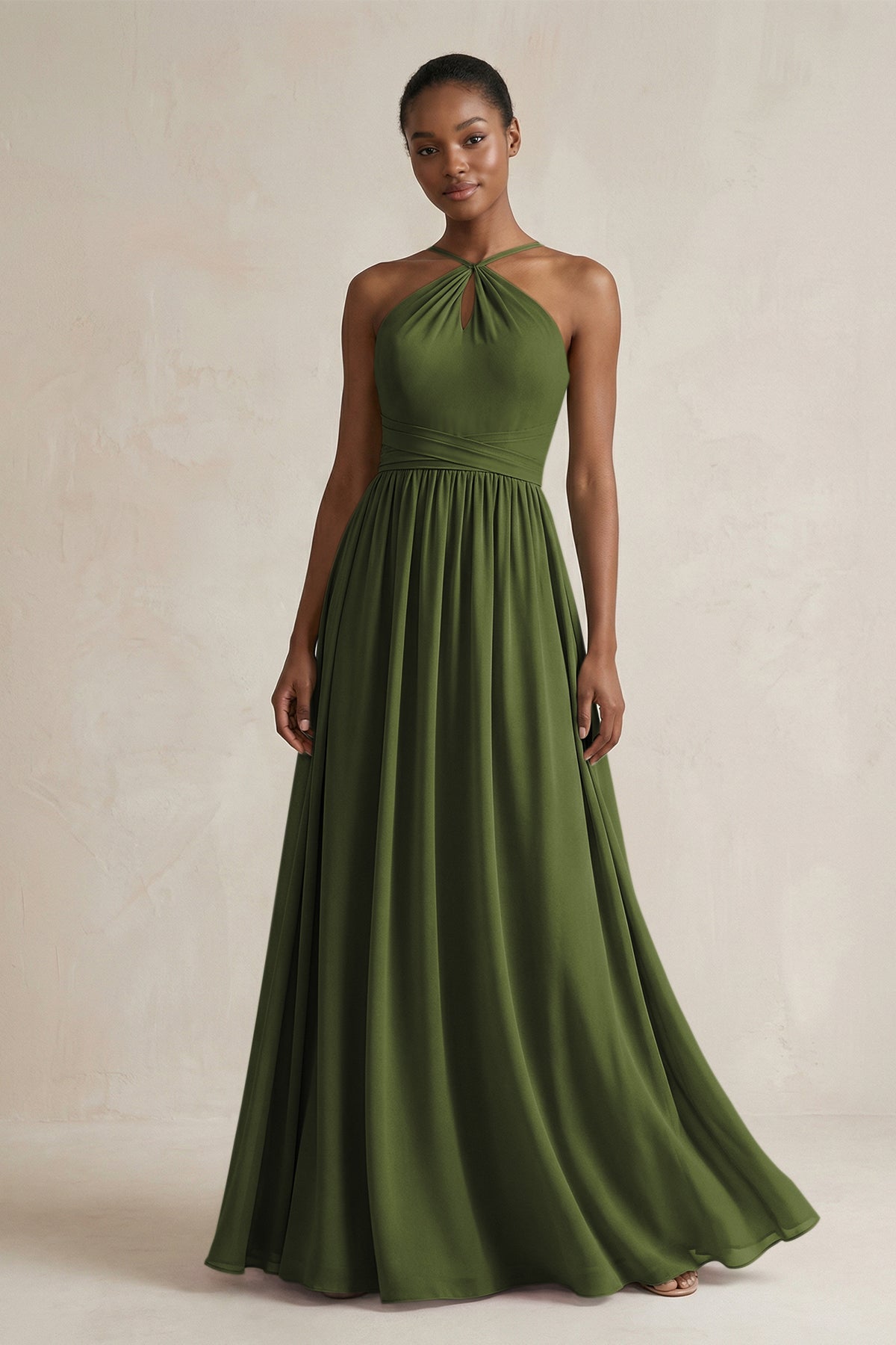 A-Line Halter Chiffon Ruched Bridesmaid Dress in Olive