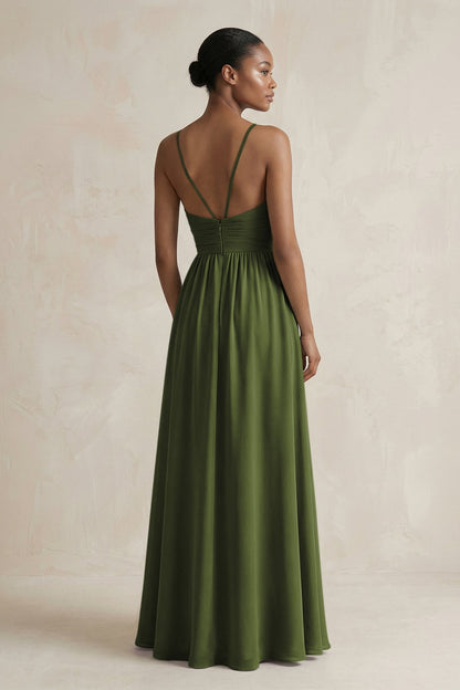 A-Line Halter Chiffon Ruched Bridesmaid Dress in Olive