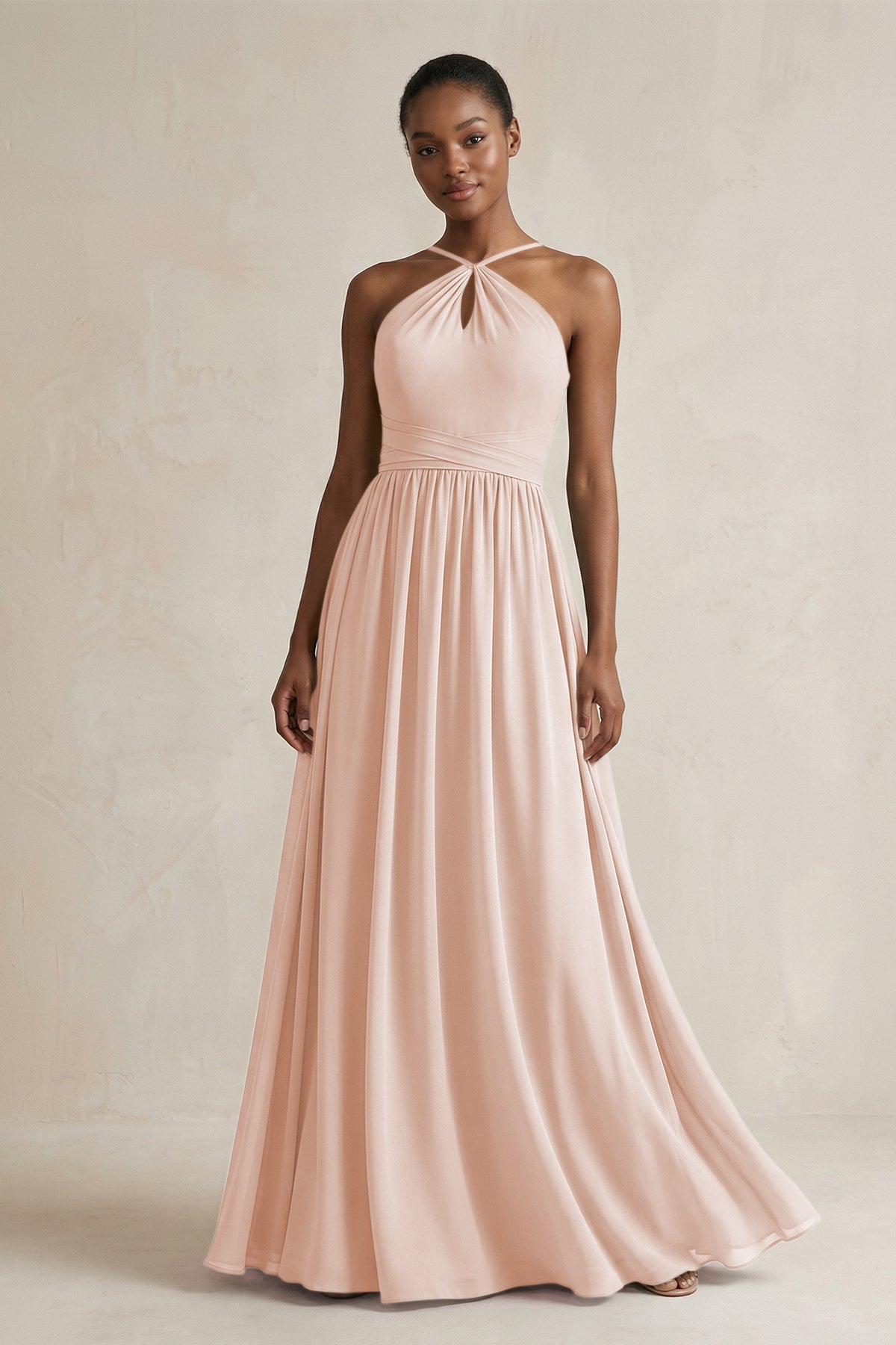A-Line Halter Chiffon Ruched Bridesmaid Dress in Pale Blush