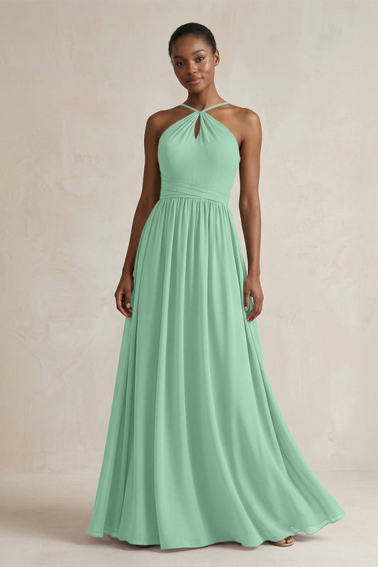 A-Line Halter Chiffon Ruched Bridesmaid Dress in Pale Pistachio