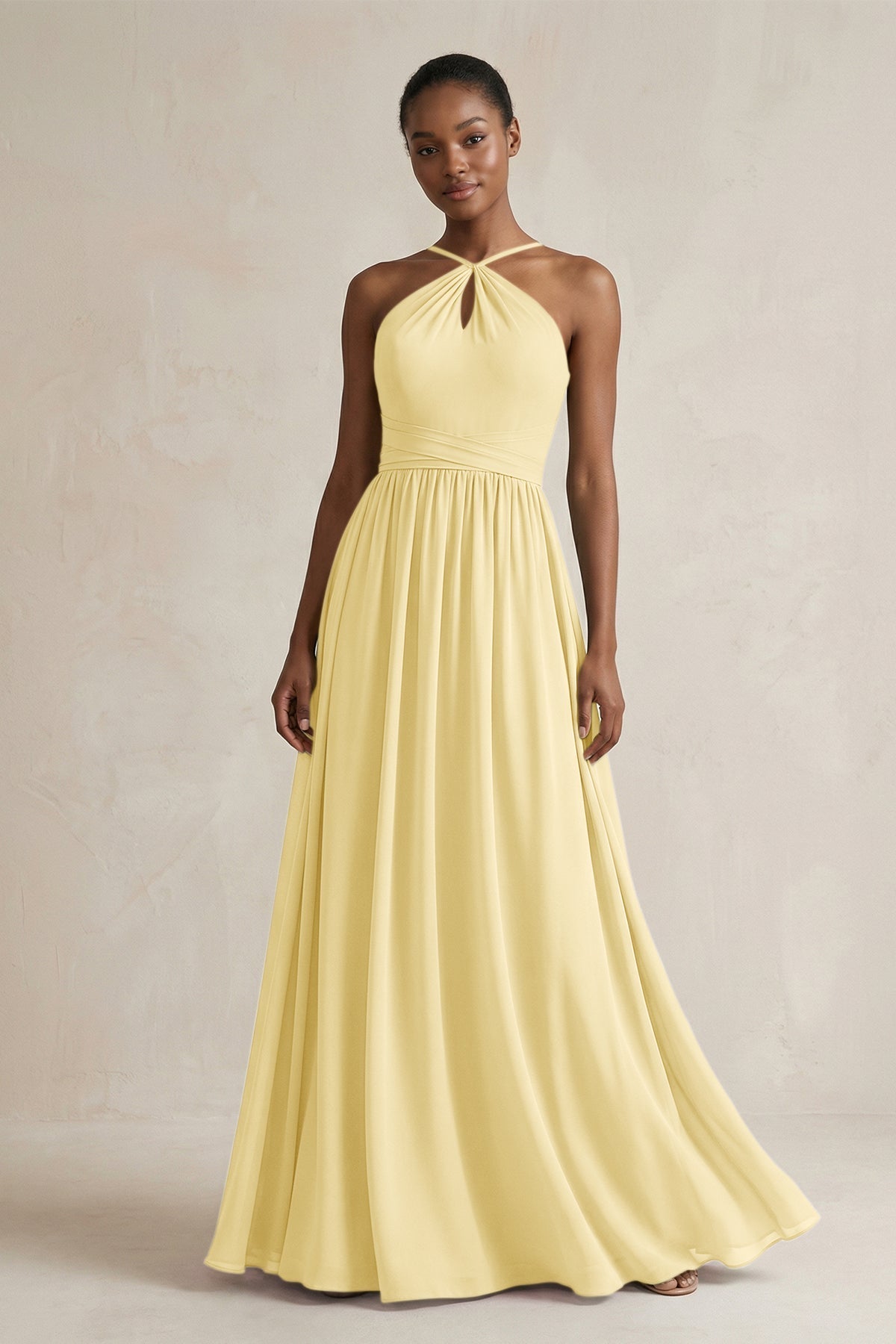 A-Line Halter Chiffon Ruched Bridesmaid Dress in Pastel Yellow