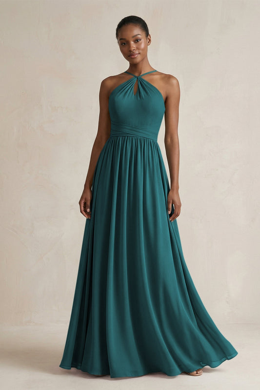 A-Line Halter Chiffon Ruched Bridesmaid Dress in Pine
