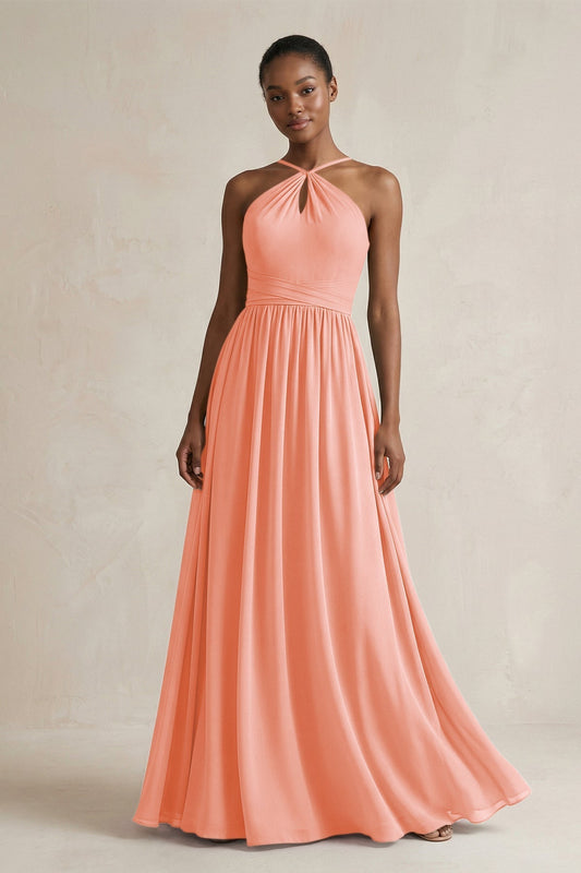 A-Line Halter Chiffon Ruched Bridesmaid Dress in Rosette