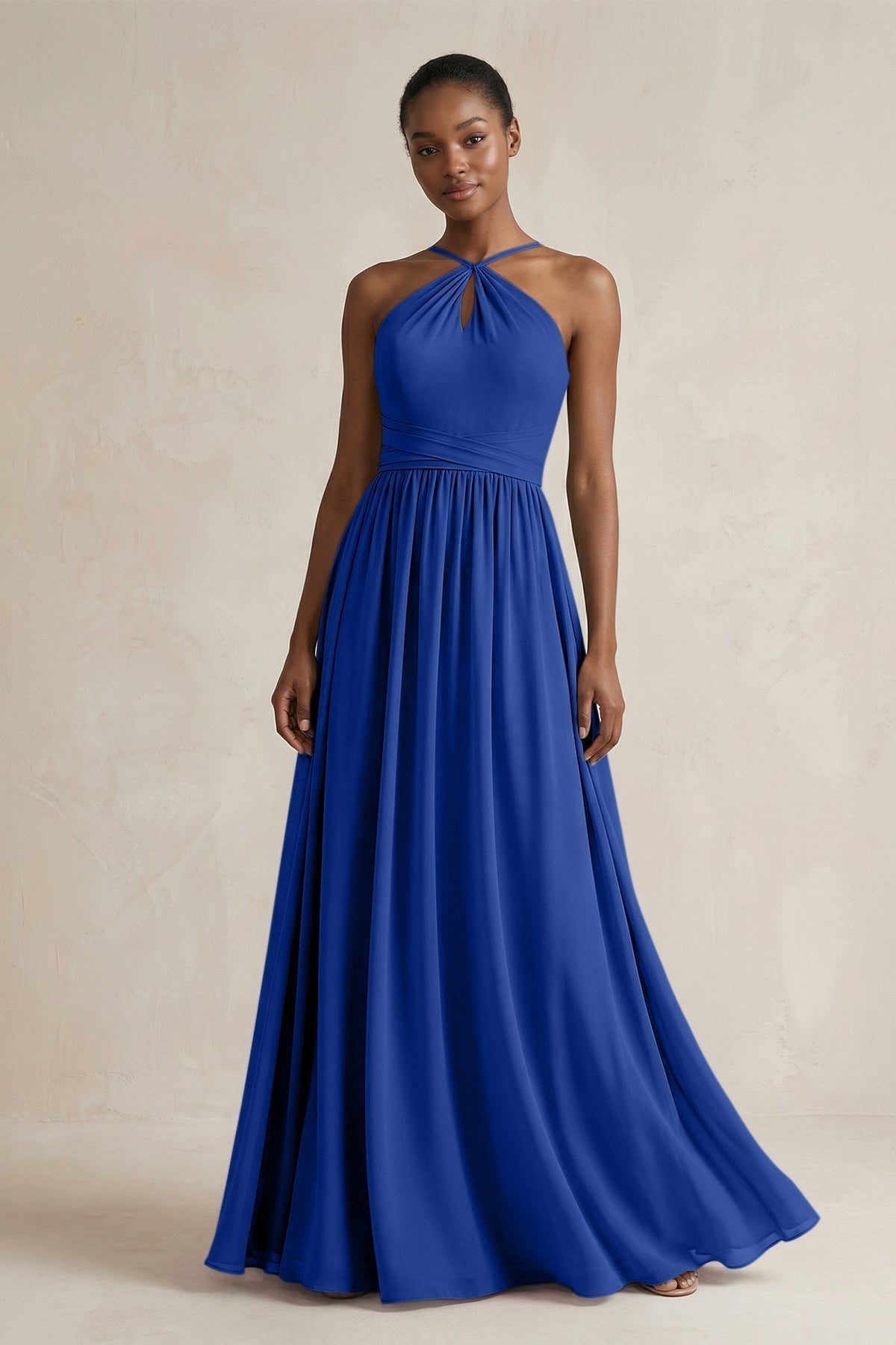 A-Line Halter Chiffon Ruched Bridesmaid Dress in Royal Blue