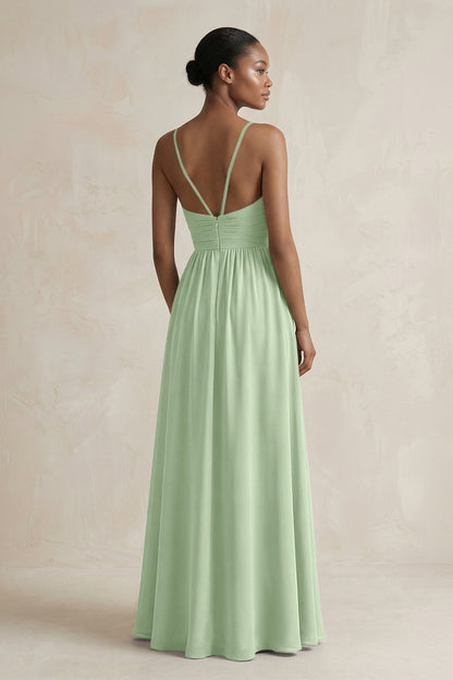 A-Line Halter Chiffon Ruched Bridesmaid Dress in Sage
