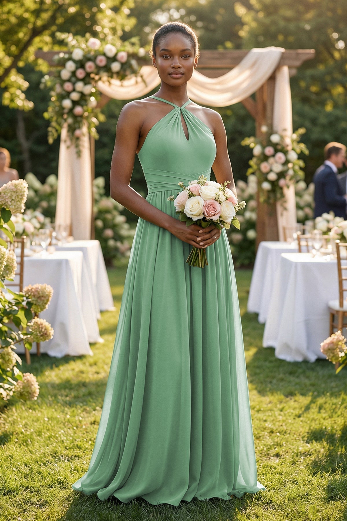 A-Line Halter Chiffon Ruched Bridesmaid Dress in Sea Glass