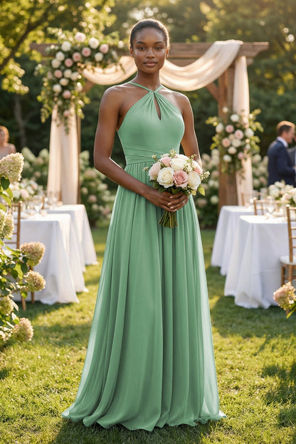 A-Line Halter Chiffon Ruched Bridesmaid Dress in Sea Glass