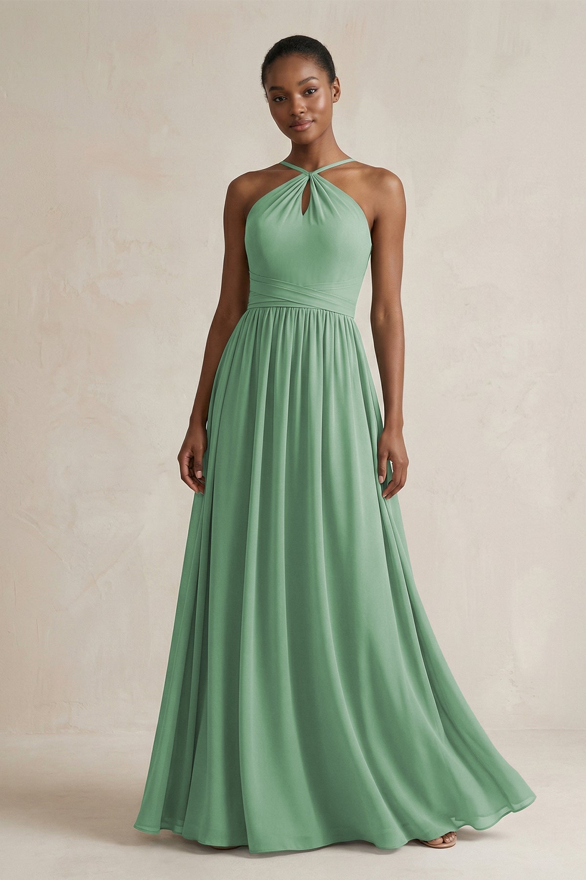 A-Line Halter Chiffon Ruched Bridesmaid Dress in Sea Glass