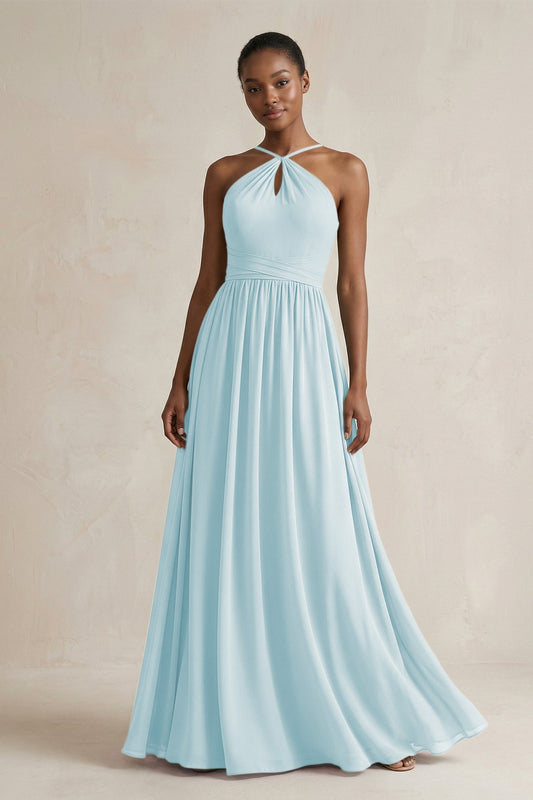 A-Line Halter Chiffon Ruched Bridesmaid Dress in Sky Blue