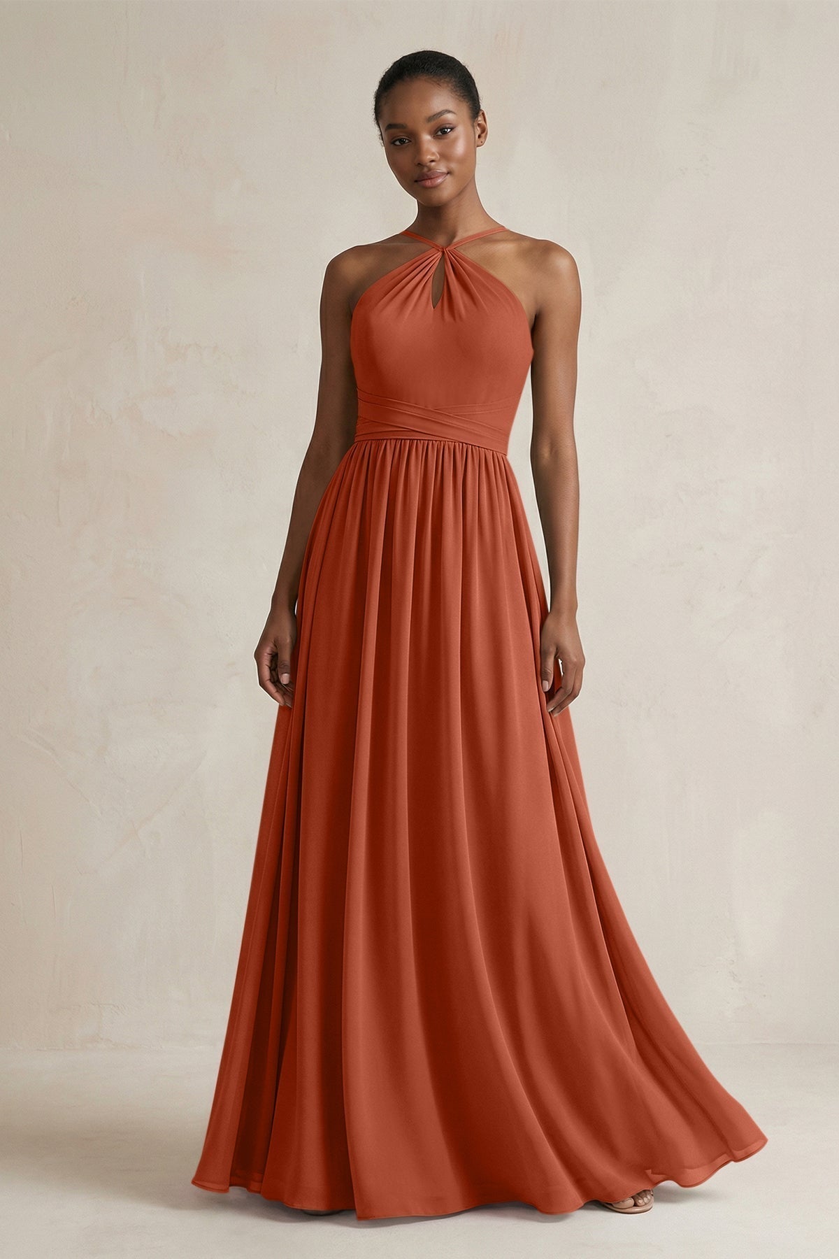 A-Line Halter Chiffon Ruched Bridesmaid Dress in Spice