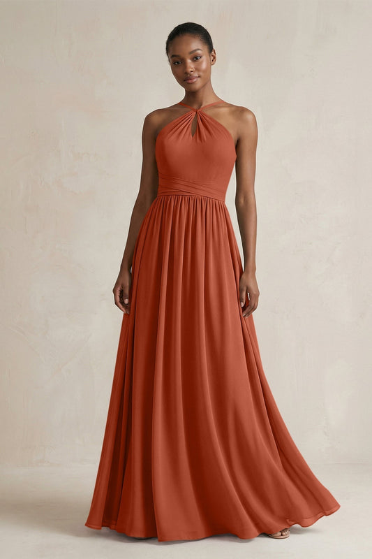 A-Line Halter Chiffon Ruched Bridesmaid Dress in Spice