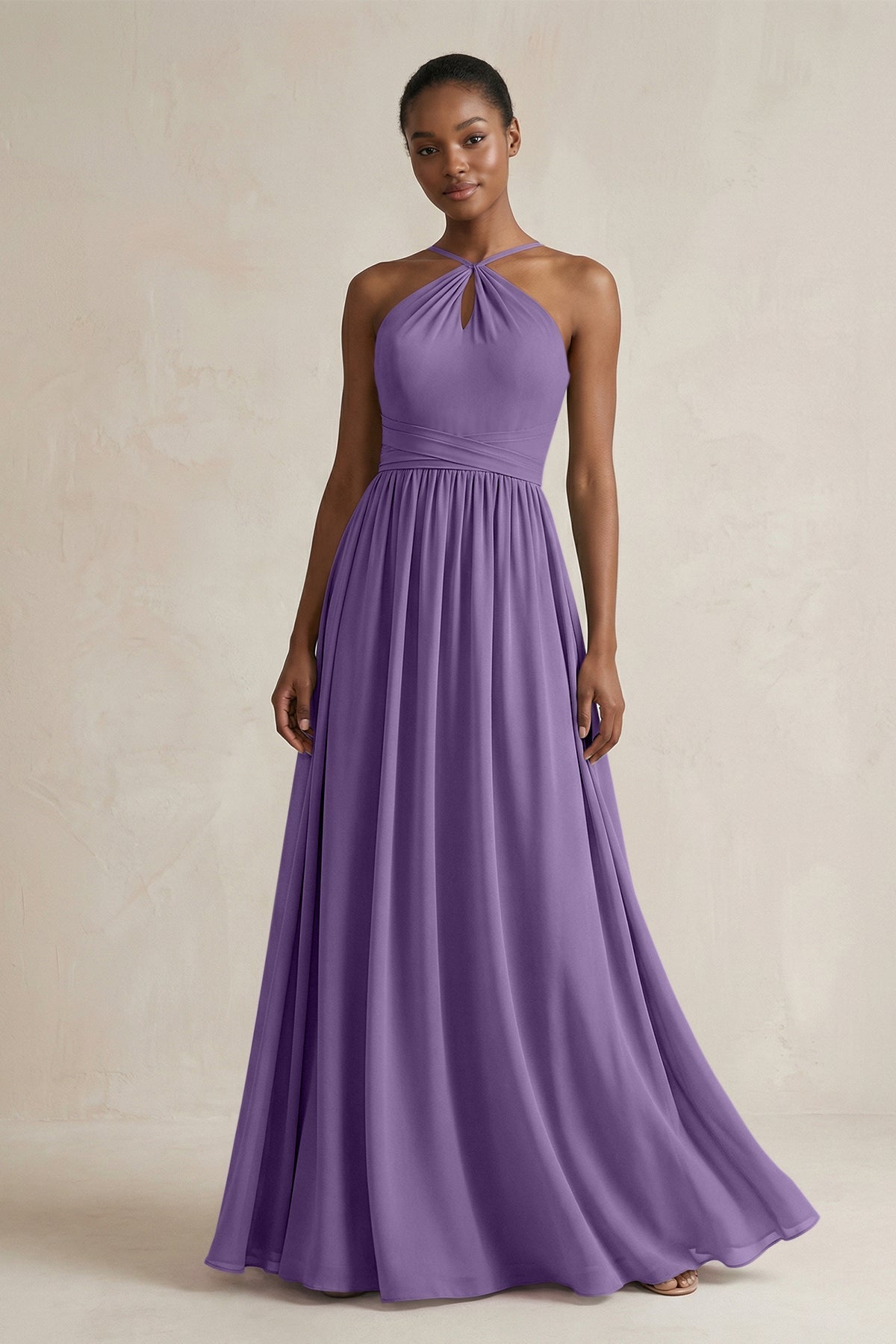 A-Line Halter Chiffon Ruched Bridesmaid Dress in Tahiti