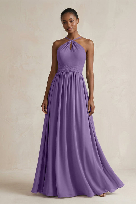 A-Line Halter Chiffon Ruched Bridesmaid Dress in Tahiti