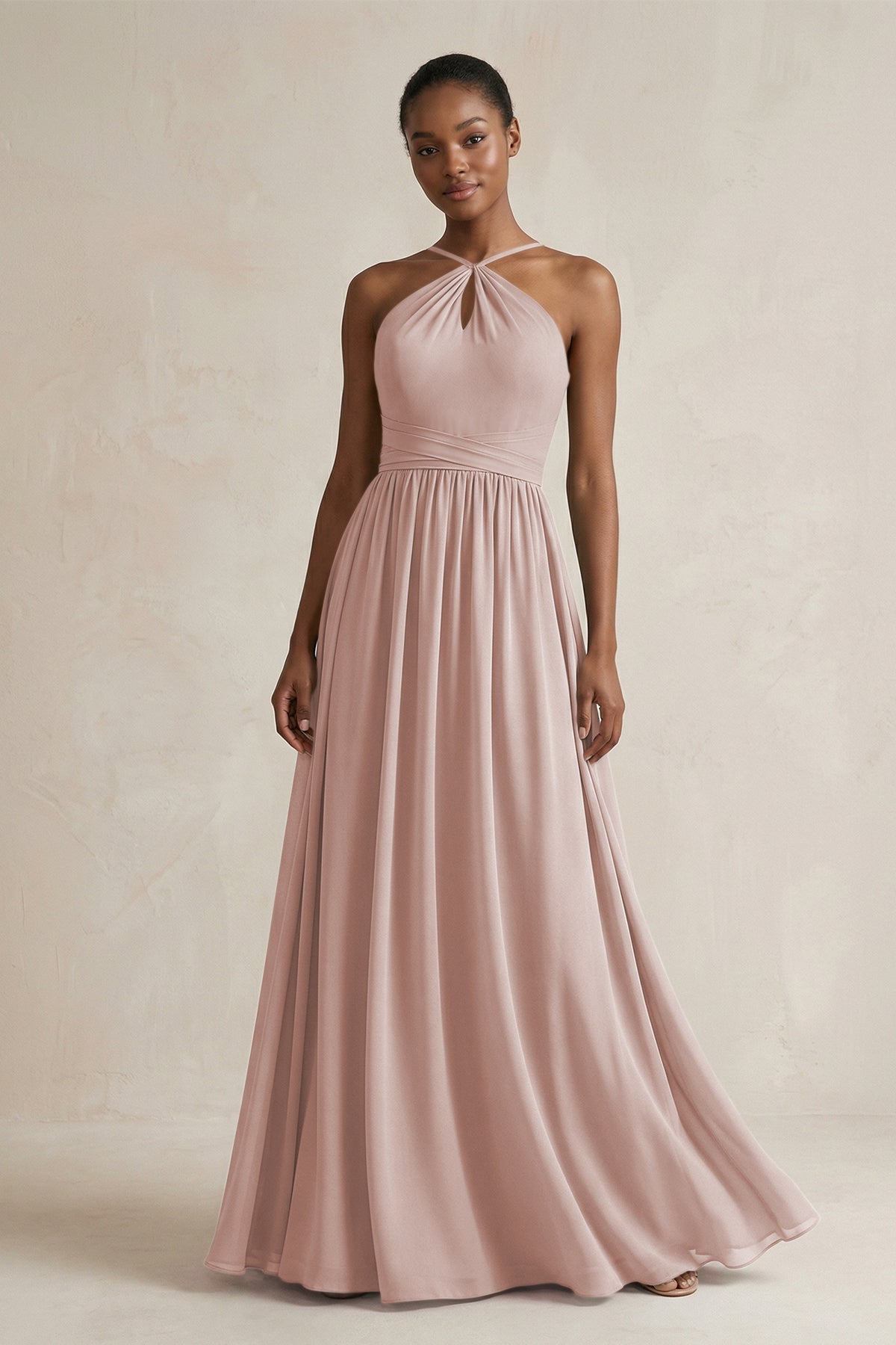A-Line Halter Chiffon Ruched Bridesmaid Dress in Toffee