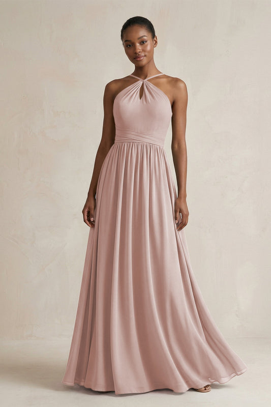 A-Line Halter Chiffon Ruched Bridesmaid Dress in Toffee