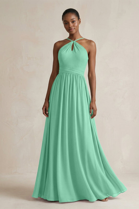 A-Line Halter Chiffon Ruched Bridesmaid Dress in Turquoise