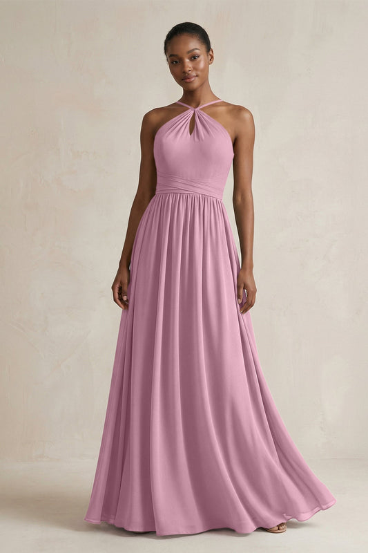 A-Line Halter Chiffon Ruched Bridesmaid Dress in Vintage Mauve