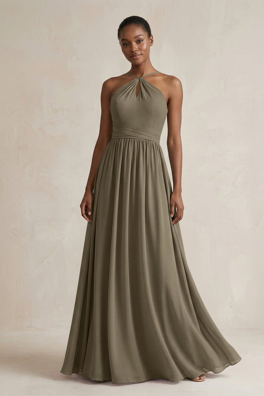 A-Line Halter Chiffon Ruched Bridesmaid Dress in Willow Green