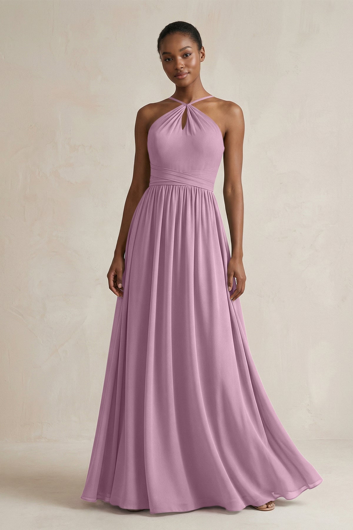 A-Line Halter Chiffon Ruched Bridesmaid Dress in Wisteria