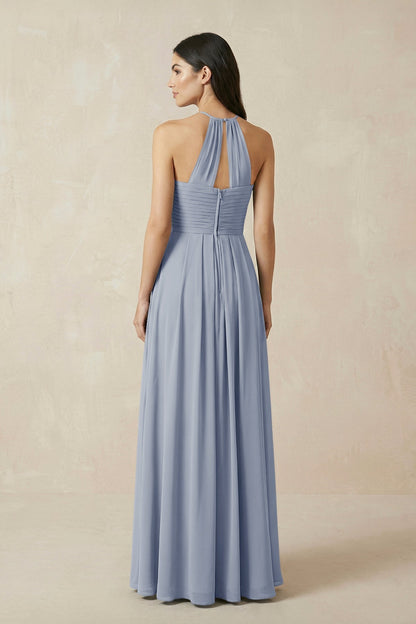 A-Line Halter Neck Pleated Chiffon Bridesmaid Dress in Twilight
