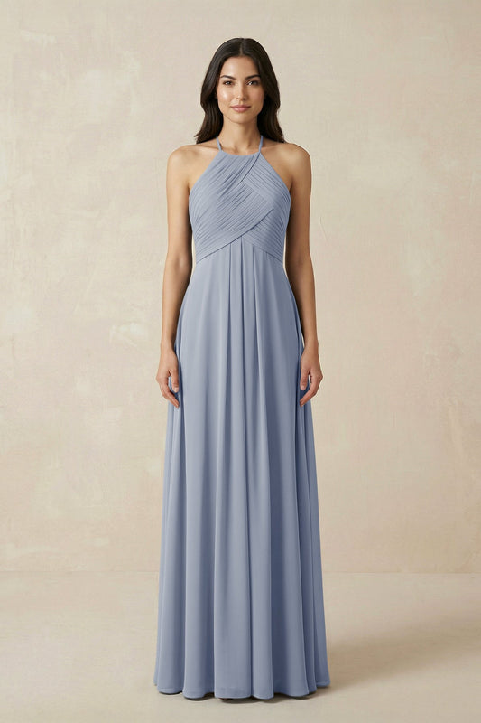 A-Line Halter Neck Pleated Chiffon Bridesmaid Dress in Twilight