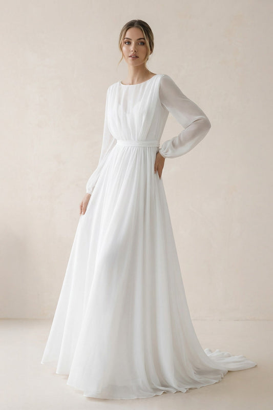 A-Line Illusion Neck Long Sleeves Sweep Train Organza Wedding Dresses