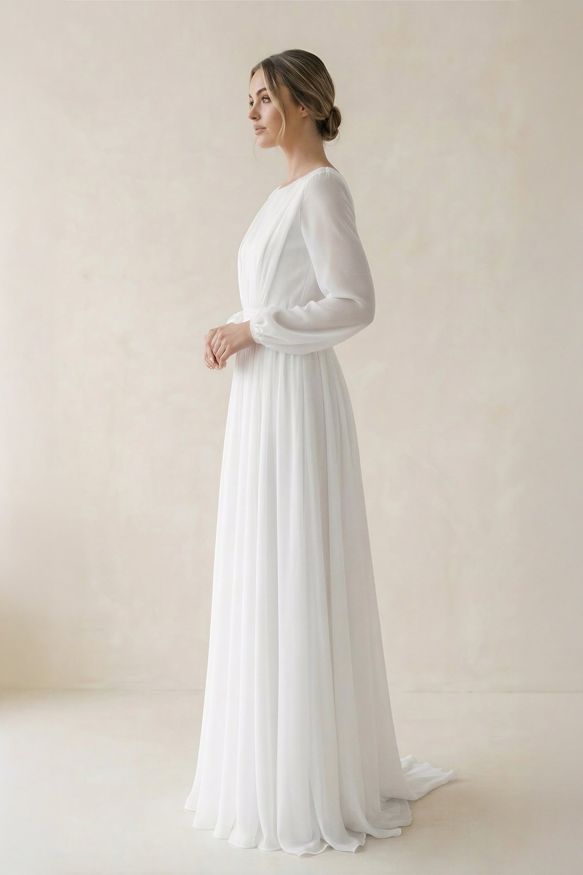 A-Line Illusion Neck Long Sleeves Sweep Train Organza Wedding Dresses