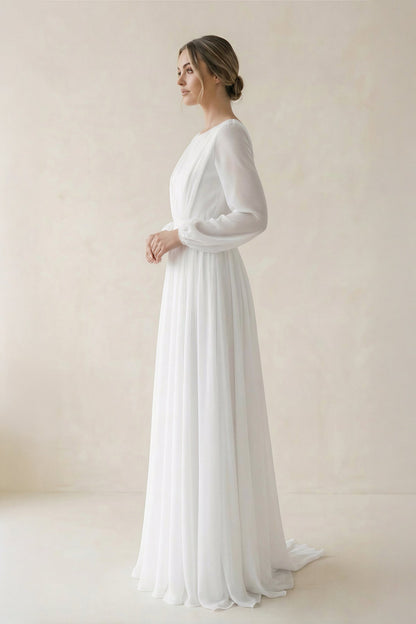 A-Line Illusion Neck Long Sleeves Sweep Train Organza Wedding Dresses