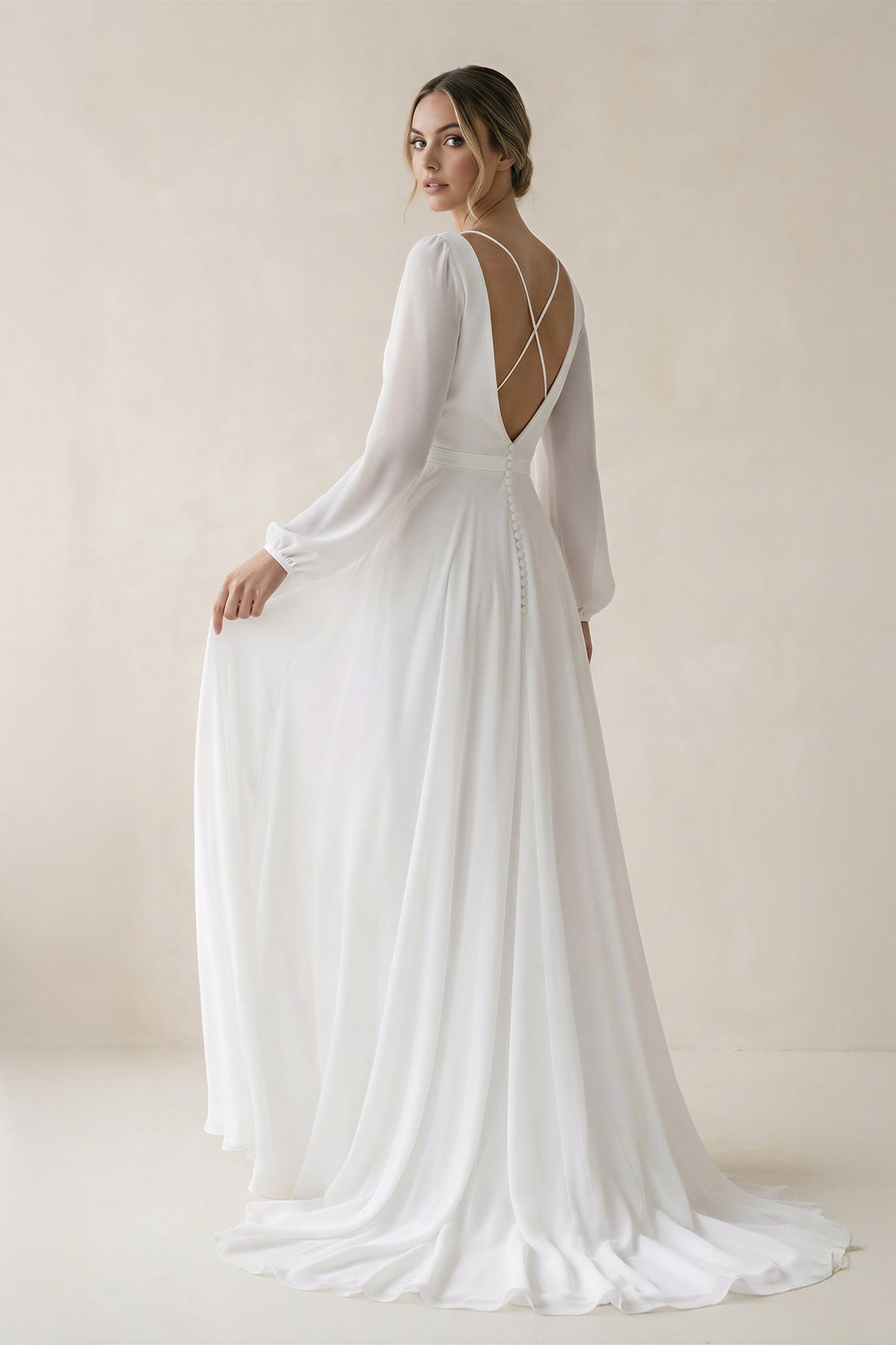 A-Line Illusion Neck Long Sleeves Sweep Train Organza Wedding Dresses