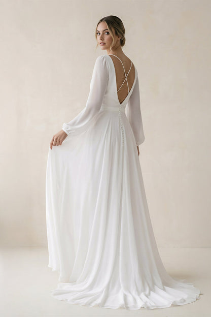 A-Line Illusion Neck Long Sleeves Sweep Train Organza Wedding Dresses