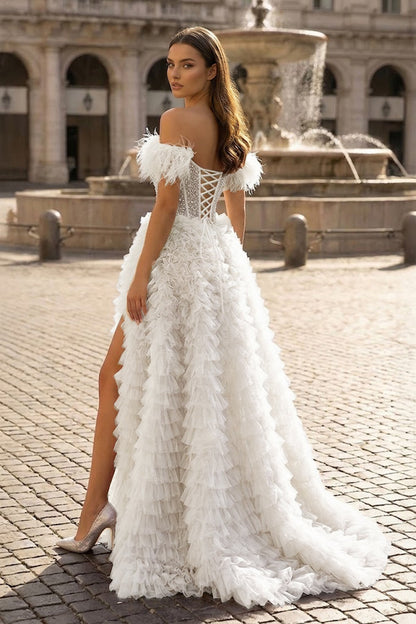 A Line Off the Shoulder Tiered Tulle Prom Dress With Slit