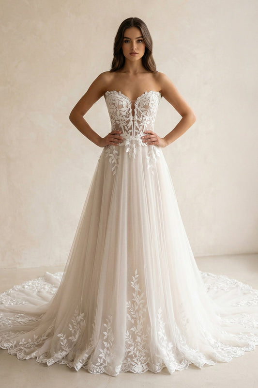 A-line Lace Beach Wedding Dress with Off Shoulder Tulle Appliques