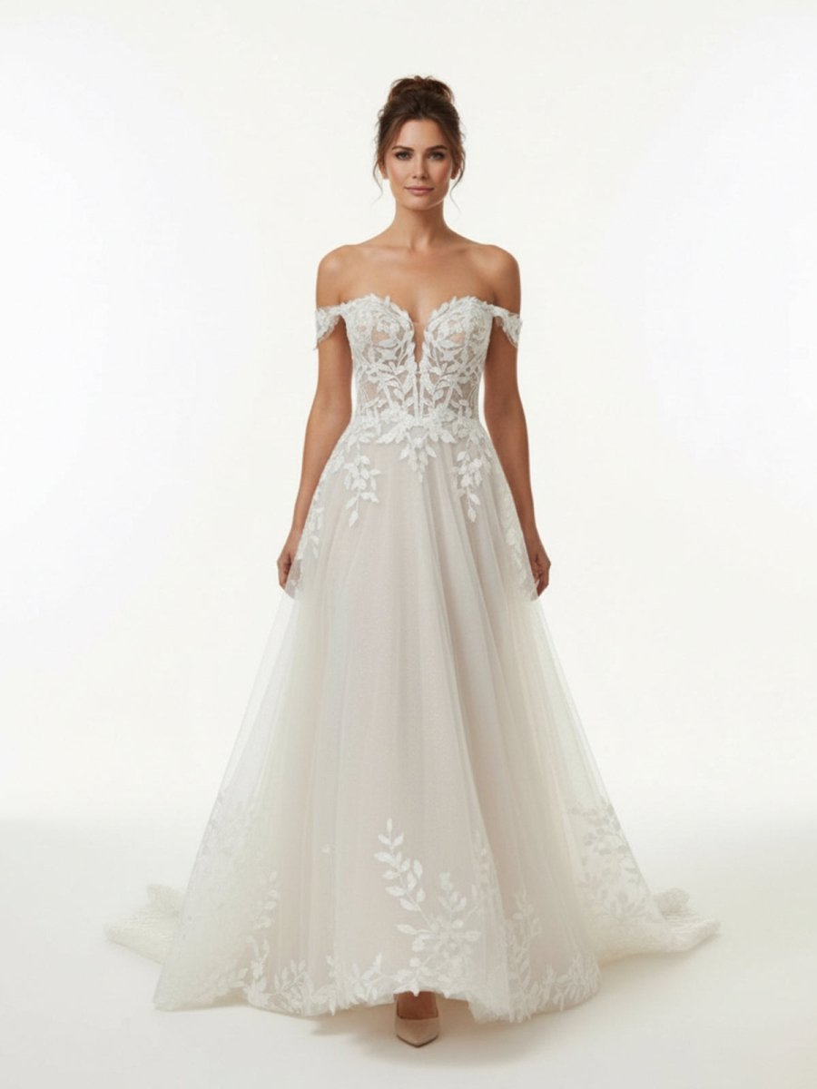 A-line Lace Beach Wedding Dress with Off Shoulder Tulle Appliques