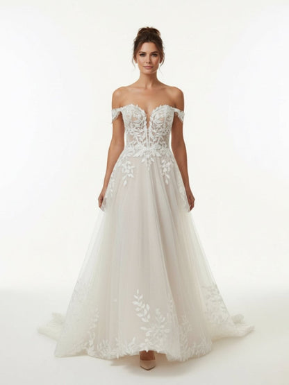 A-line Lace Beach Wedding Dress with Off Shoulder Tulle Appliques