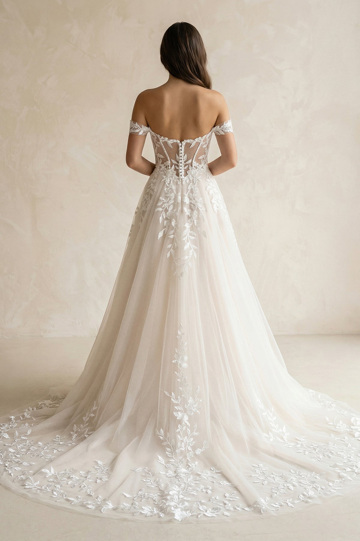 A-line Lace Beach Wedding Dress with Off Shoulder Tulle Appliques