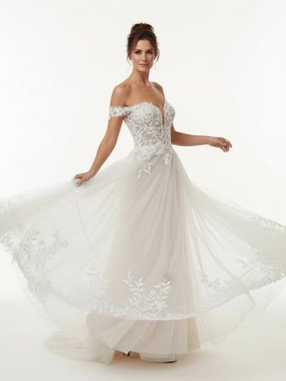 A-line Lace Beach Wedding Dress with Off Shoulder Tulle Appliques
