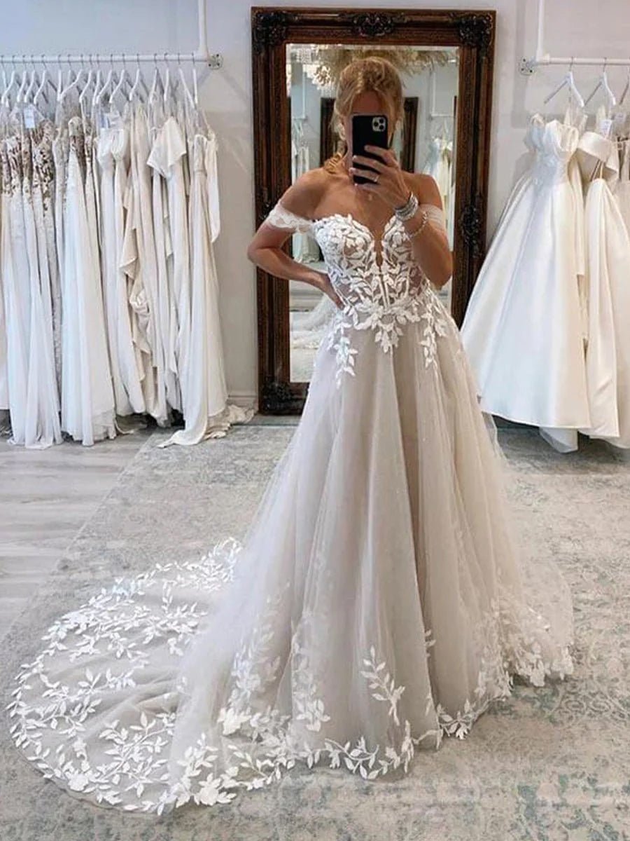A-line Lace Beach Wedding Dress with Off Shoulder Tulle Appliques