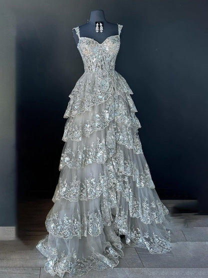 A-Line Lace Off-the-Shoulder Tiered Long Prom Dress with Slit