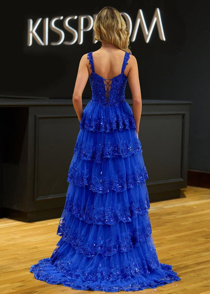 A-Line Lace Off-the-Shoulder Tiered Long Prom Dress with Slit
