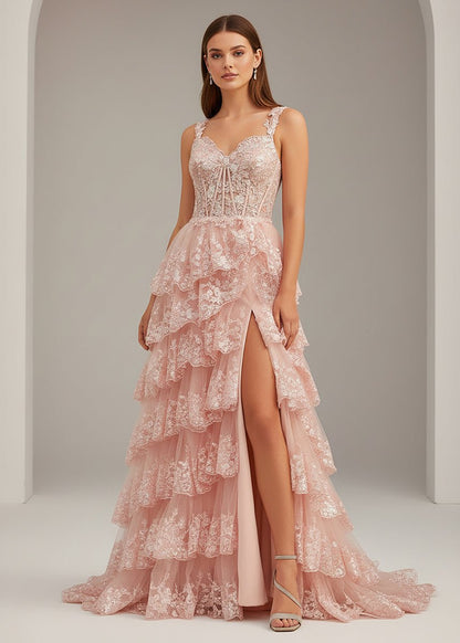 A-Line Lace Off-the-Shoulder Tiered Long Prom Dress with Slit