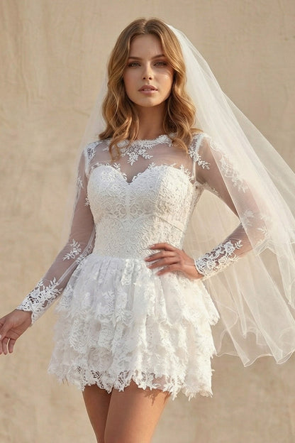 A-Line Illusion Neck Lace Applique Long Sleeves Short-Mini Wedding Dresses