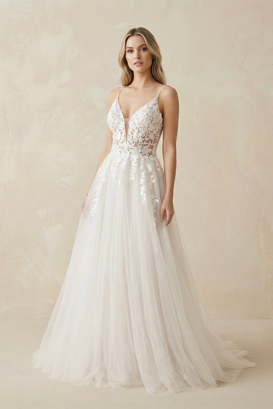 A Line Lace Tulle V-neck Sleeveless Wedding Dress in Ivory