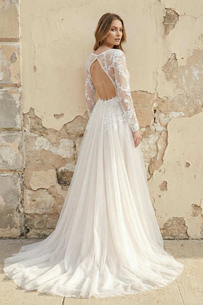 A-Line Lace Top Flare Sleeves Open Back Wedding Dress