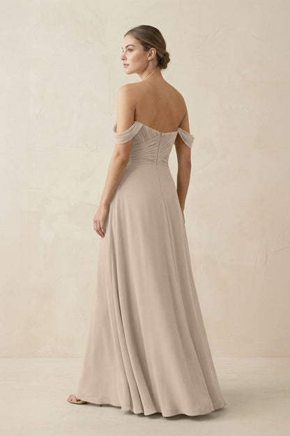 A-Line Off-the-Shoulder Chiffon Bridesmaid Dress in Almond