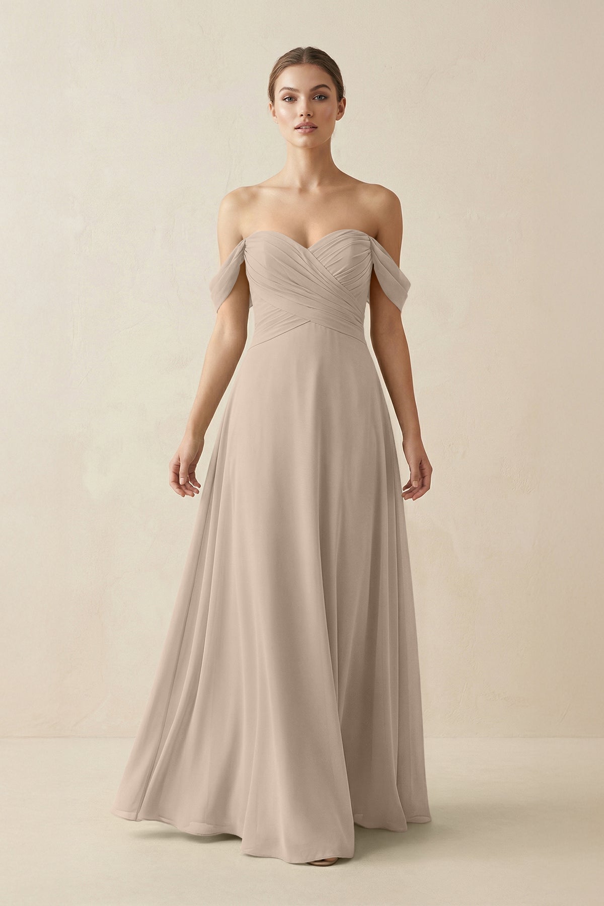 A-Line Off-the-Shoulder Chiffon Bridesmaid Dress in Almond